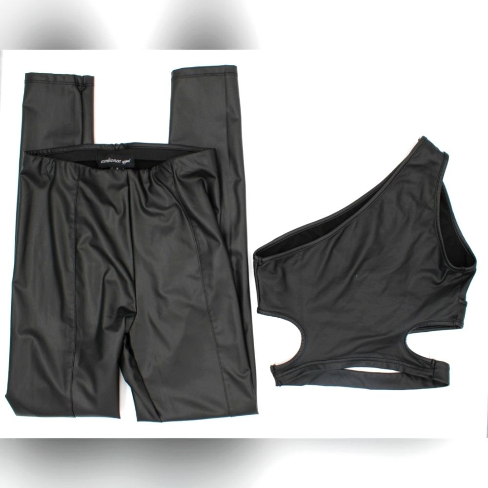 Black Faux Leather 2-Piece Outfit – Shein XS Top & Ambiance S Bottoms